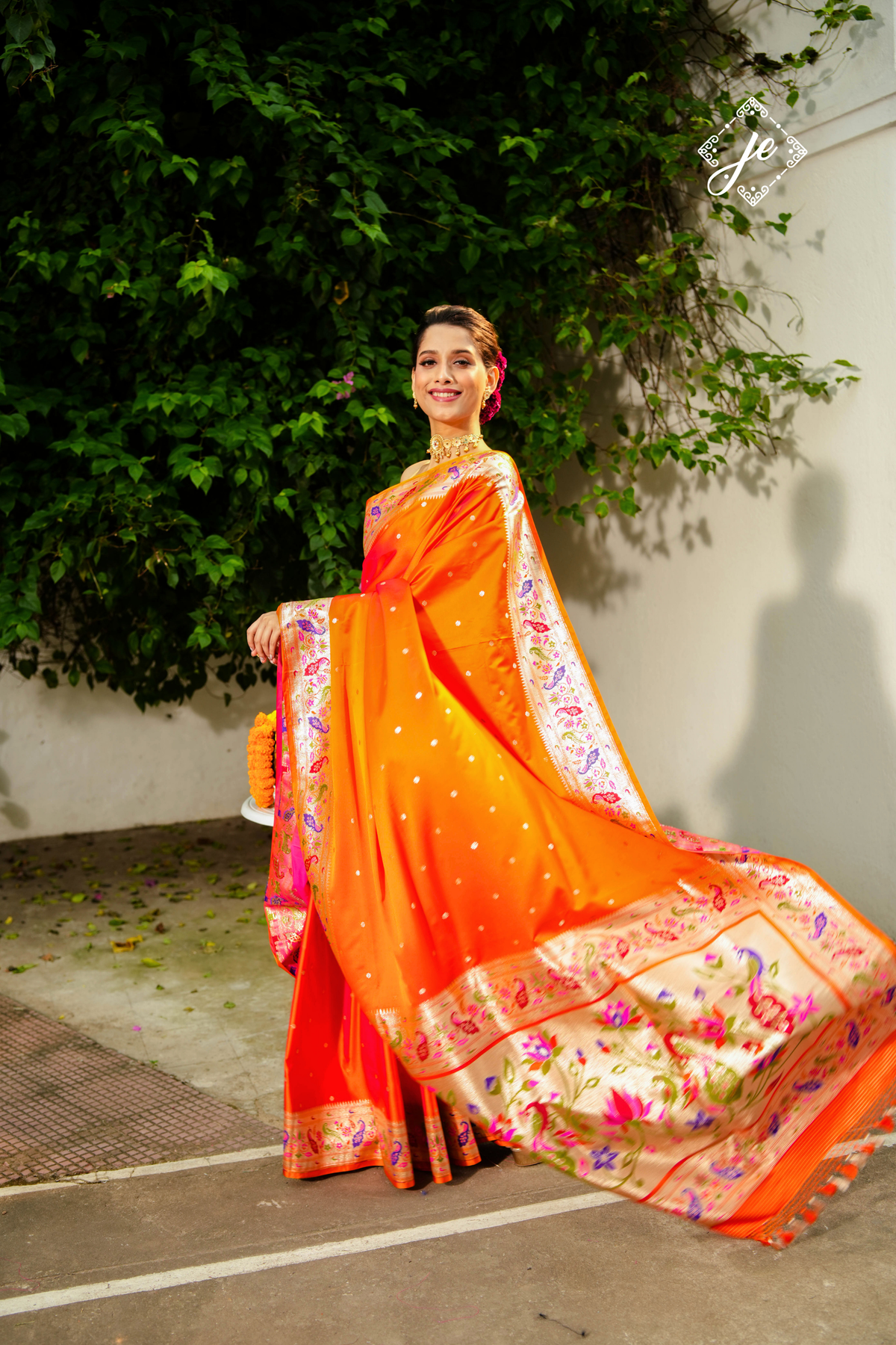 Orange Satin Silk Paithani Banarasi Saree