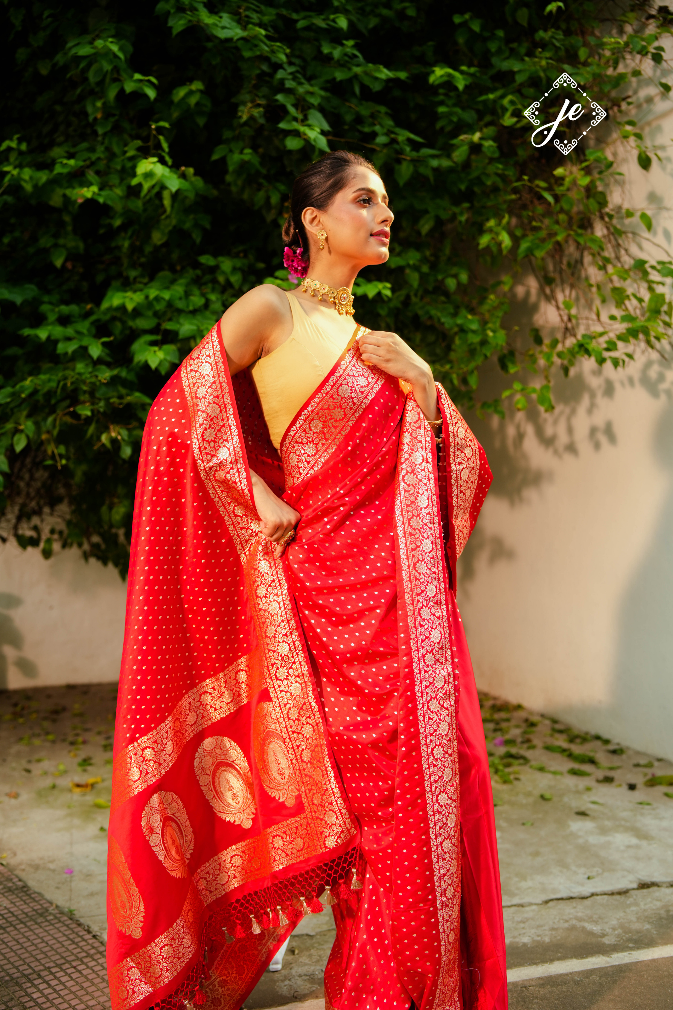 Red Satin Silk Buti Banarasi Saree