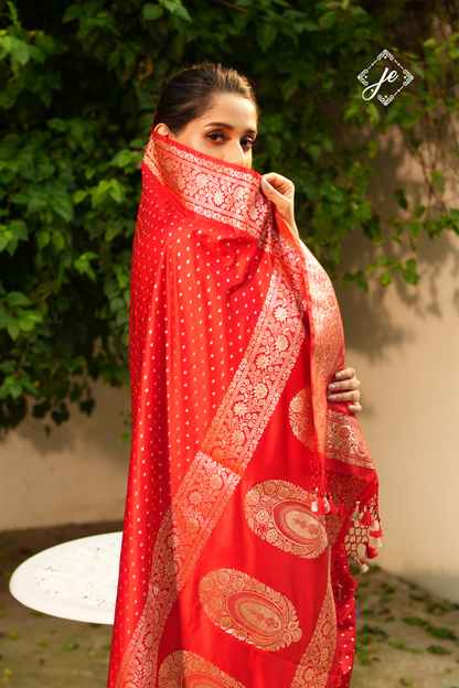 Red Satin Silk Buti Banarasi Saree