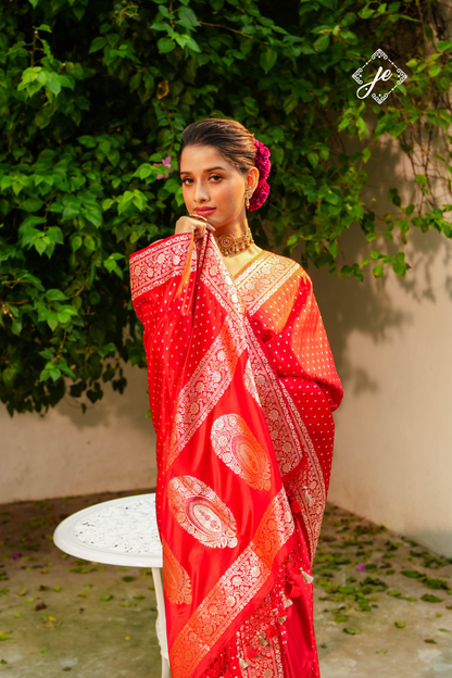 Red Satin Silk Buti Banarasi Saree