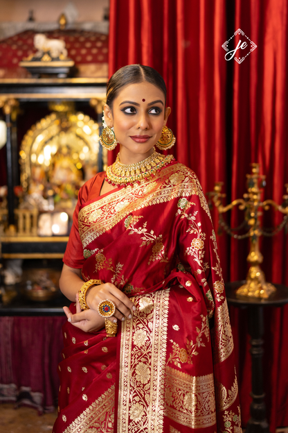 Rose Red Satin Silk Buti Leheriya Mix Meenakari Banarasi Saree