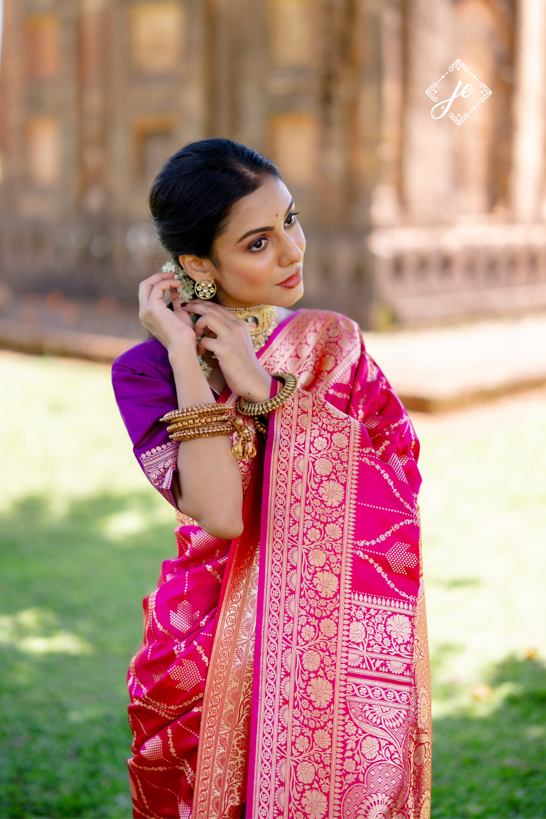 Rani Pink Satin Silk Jaal Striped Banarasi Saree