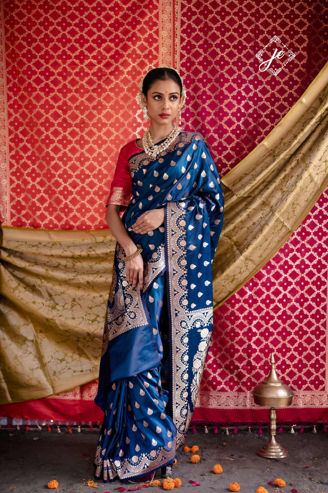 German Blue Scallop Border Satin Silk Buti Banarasi Saree