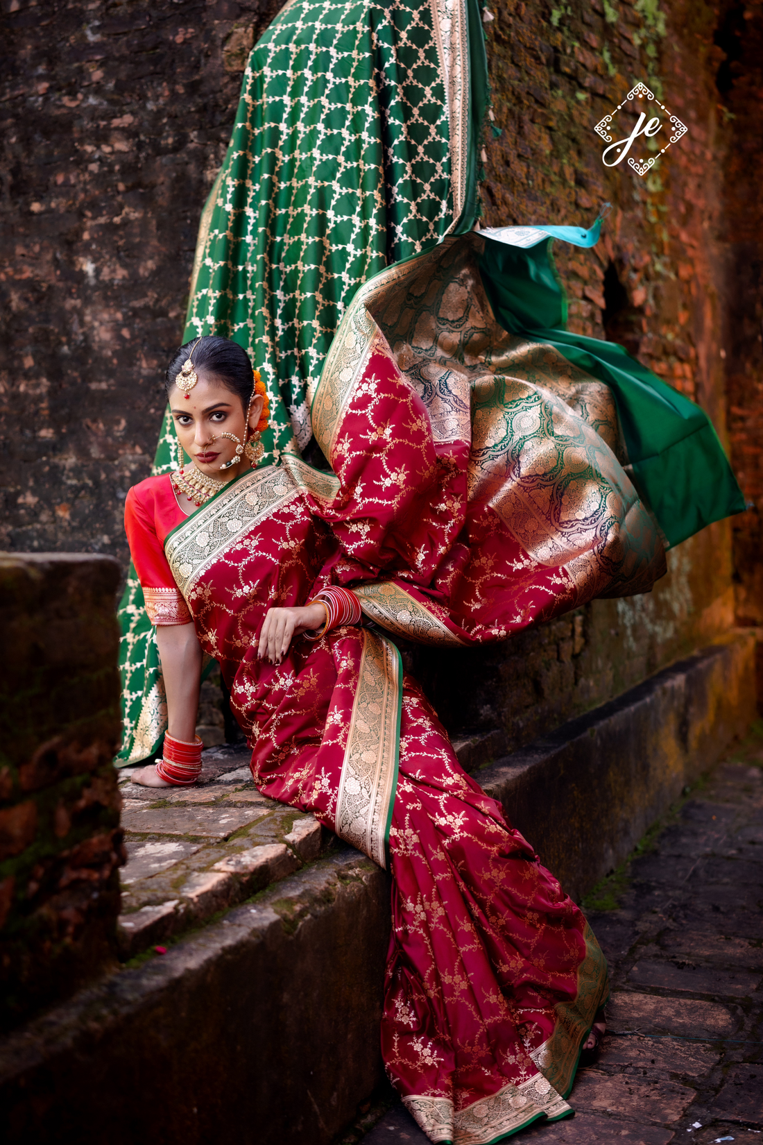 Red Satin Silk with Contrast Bottle Green Border Banarasi Saree