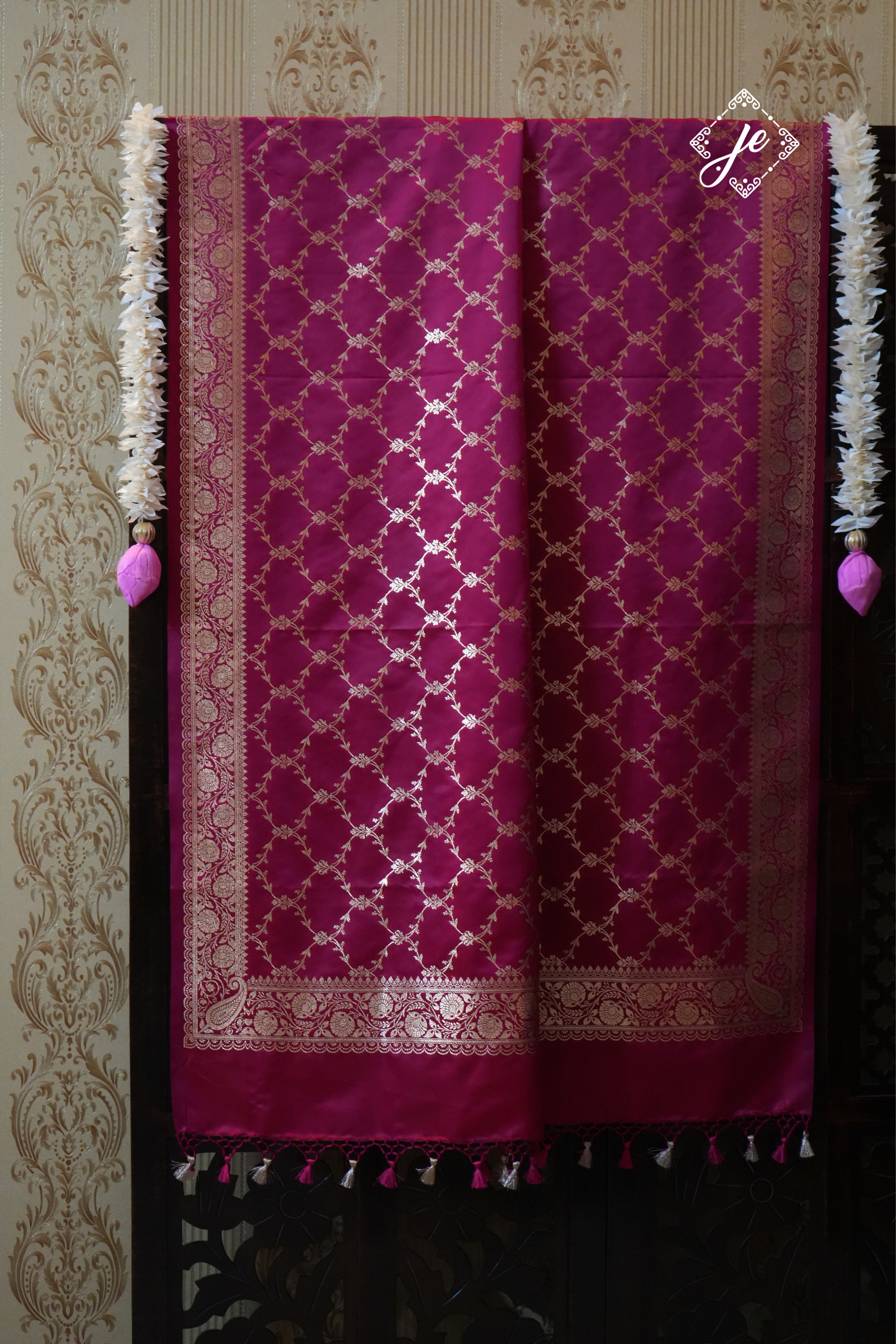 Rani Pink Satin Silk Banarasi Dupatta