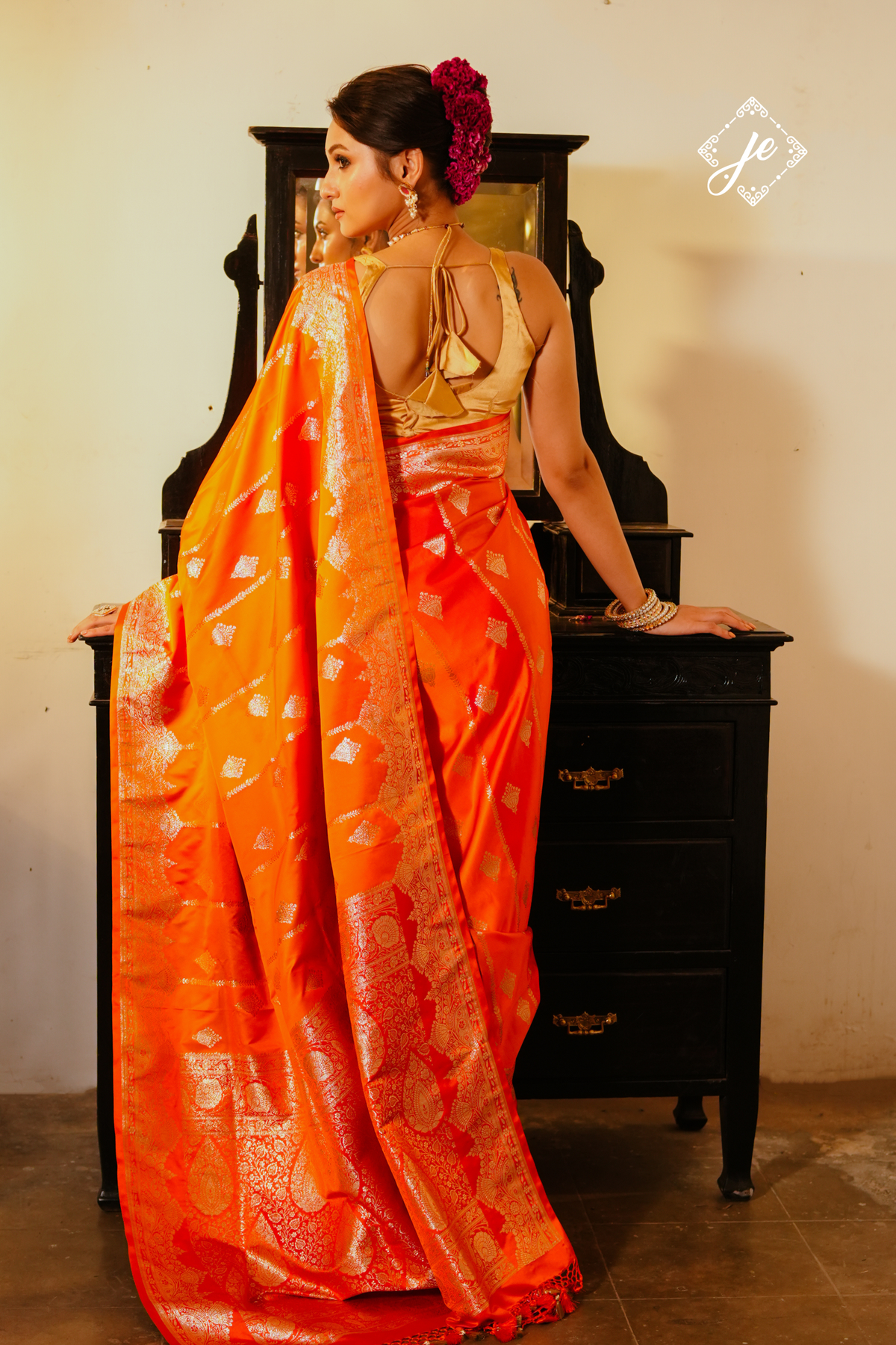 Orange Satin Silk Rangkaat Banarasi Saree