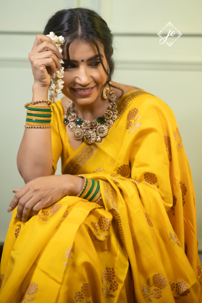 Yellow Pure Chiniya Silk Floral Meenakari Banarasi Saree