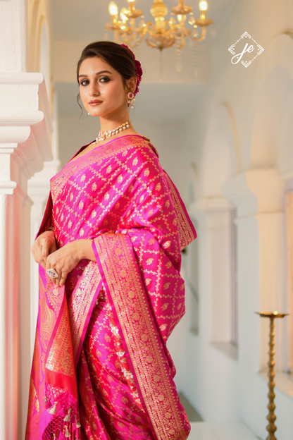 Pink Satin Silk Jaal Banarasi Saree