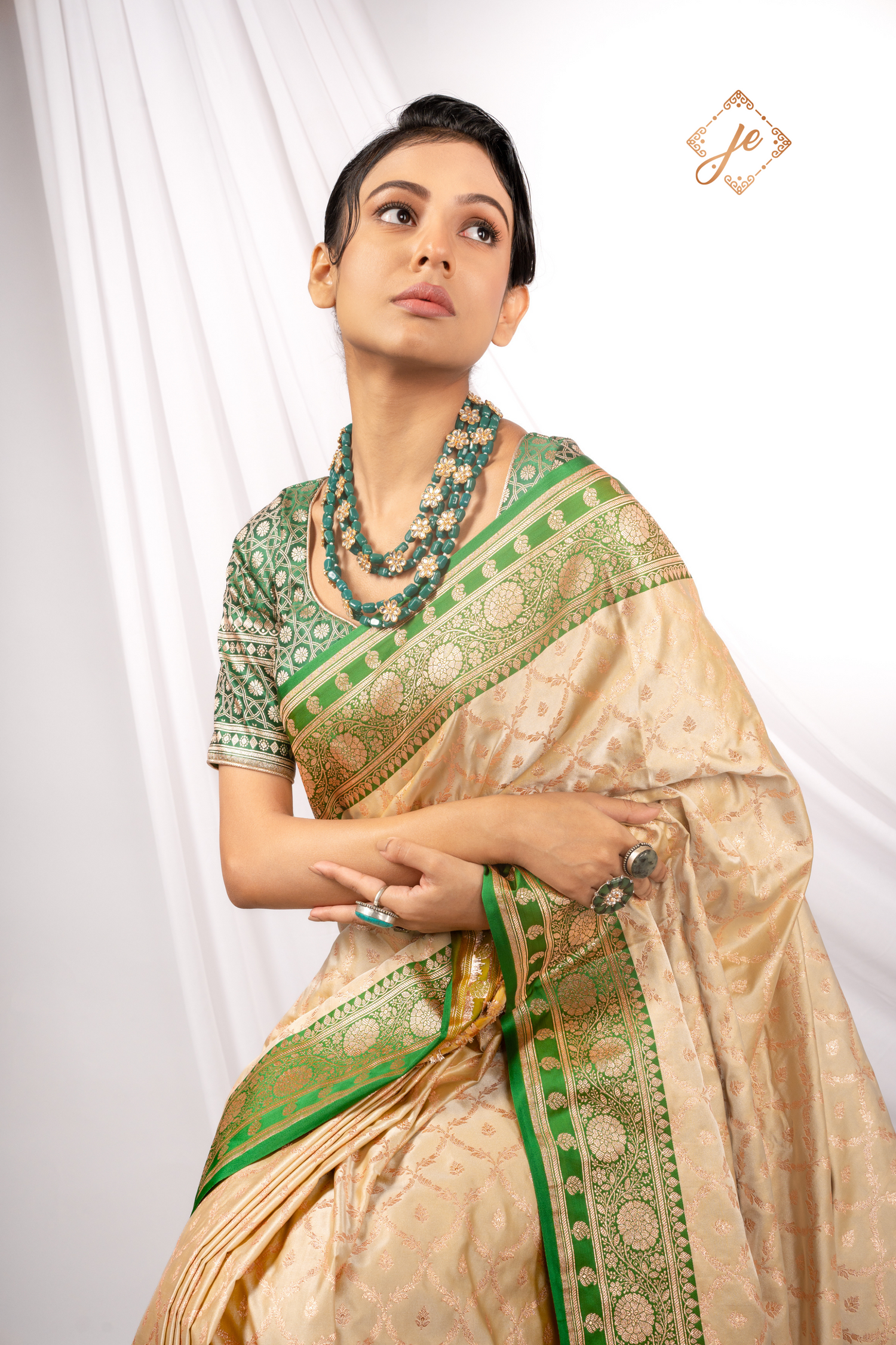 Beige Satin Silk with Contrast Green Border Jaal Banarasi Saree