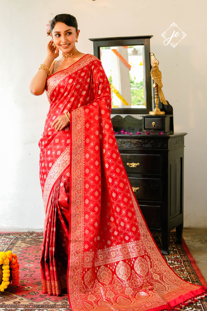 Red Satin Tissue Silk Jaal Banarasi Saree