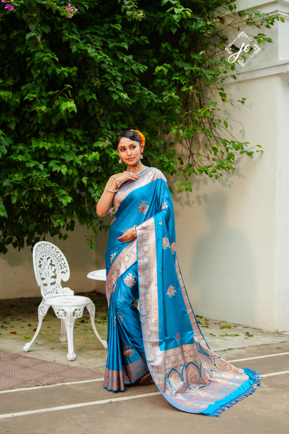 Firozi Satin Silk Meenakari Banarasi Saree