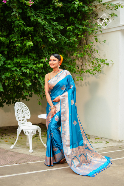 Firozi Satin Silk Meenakari Banarasi Saree
