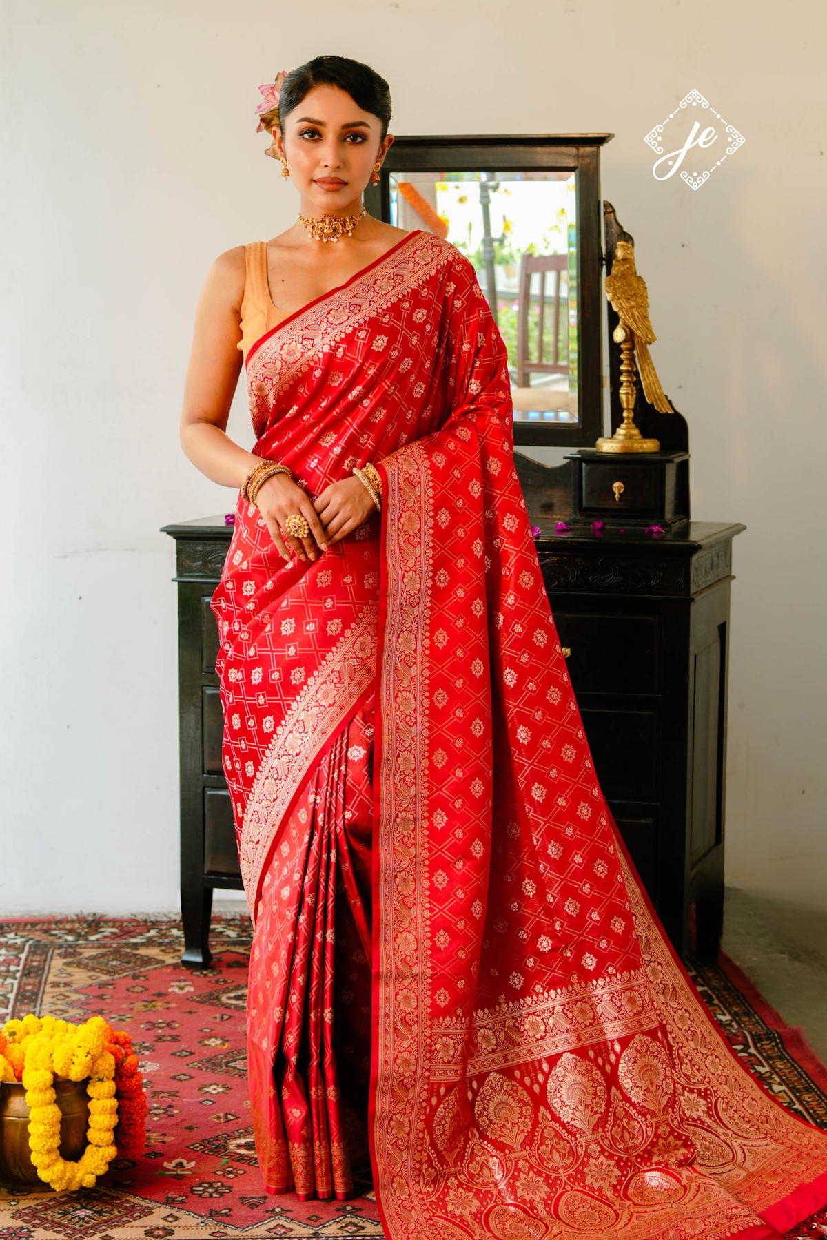 Red Satin Tissue Silk Jaal Banarasi Saree