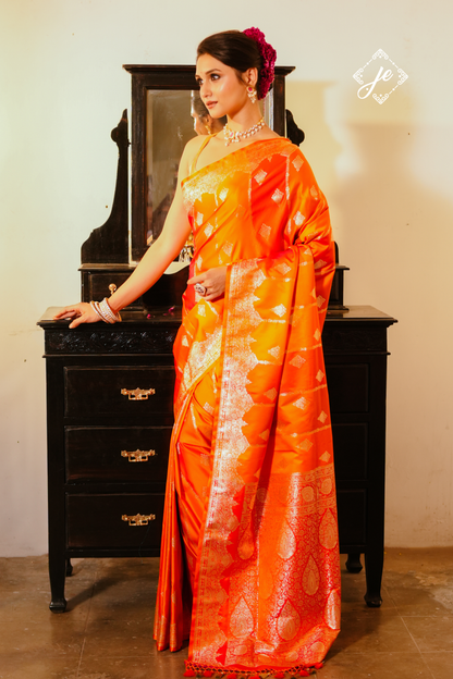 Orange Satin Silk Rangkaat Banarasi Saree