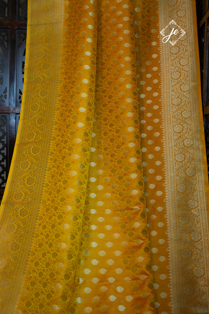 Yellow Satin Silk Jamevaar Buti Banarasi Saree