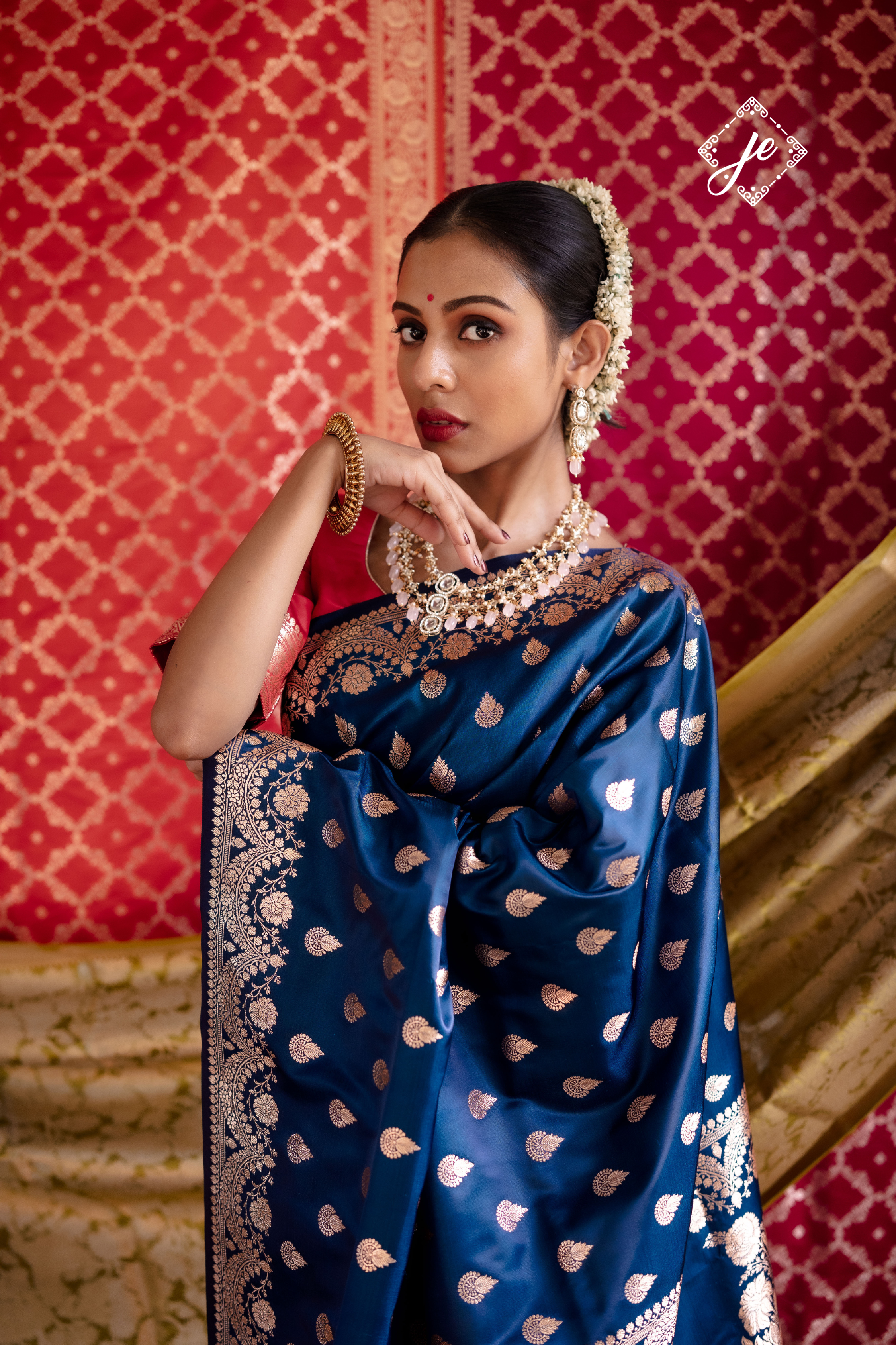 German Blue Scallop Border Satin Silk Buti Banarasi Saree