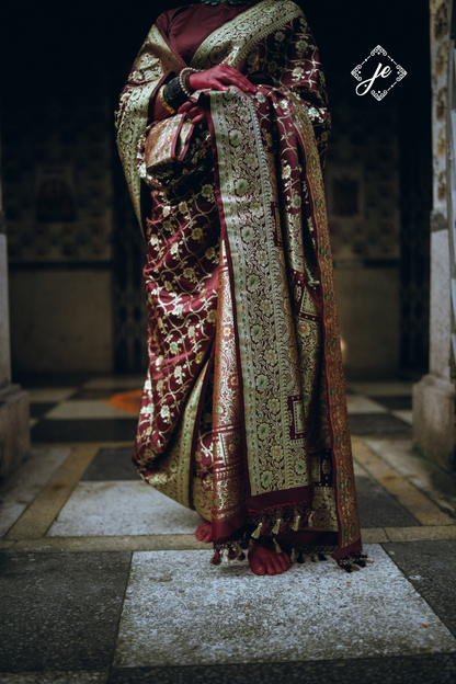 Maroon Satin Silk Meenakari Jaal Banarasi Saree