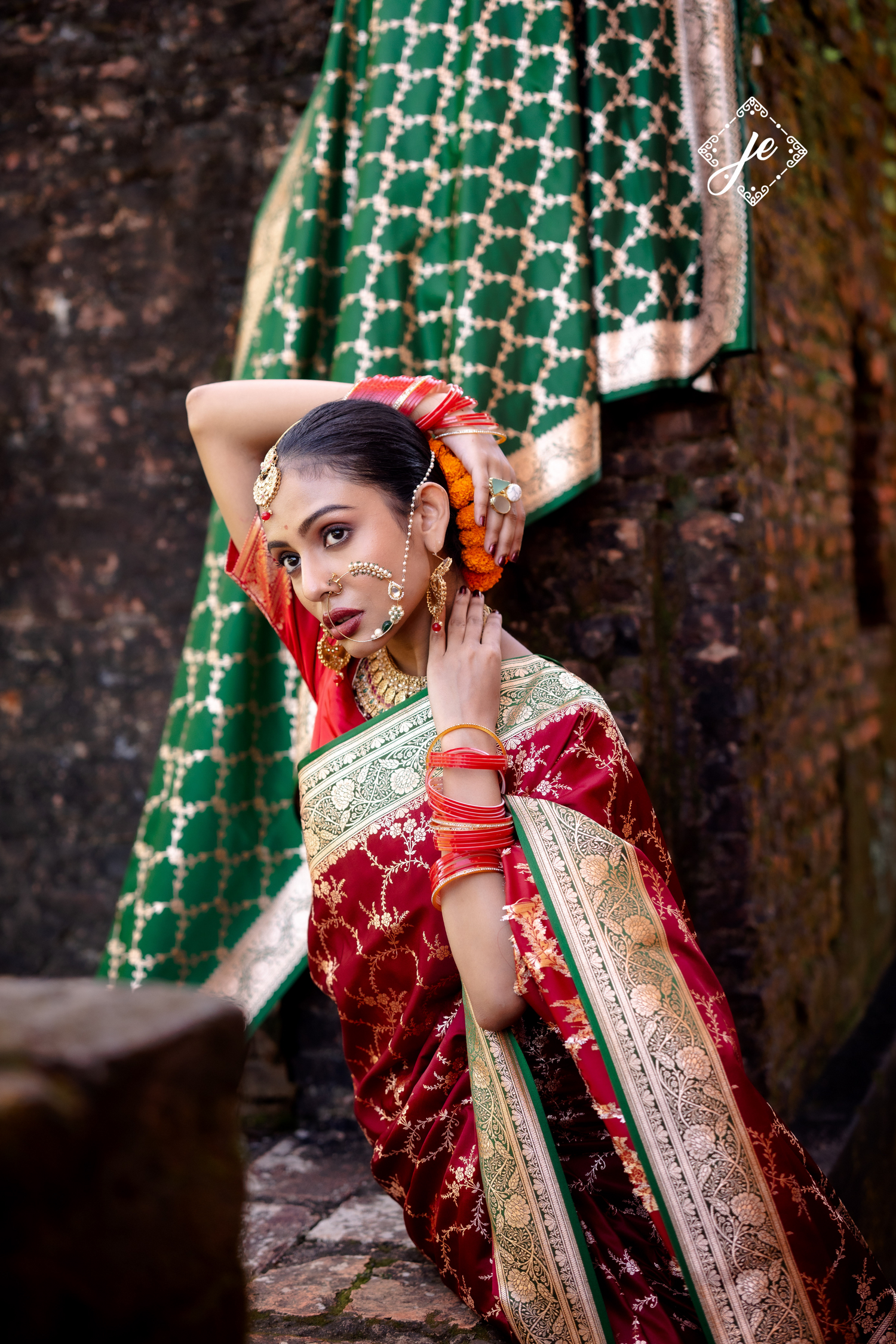 Red Satin Silk with Contrast Bottle Green Border Banarasi Saree