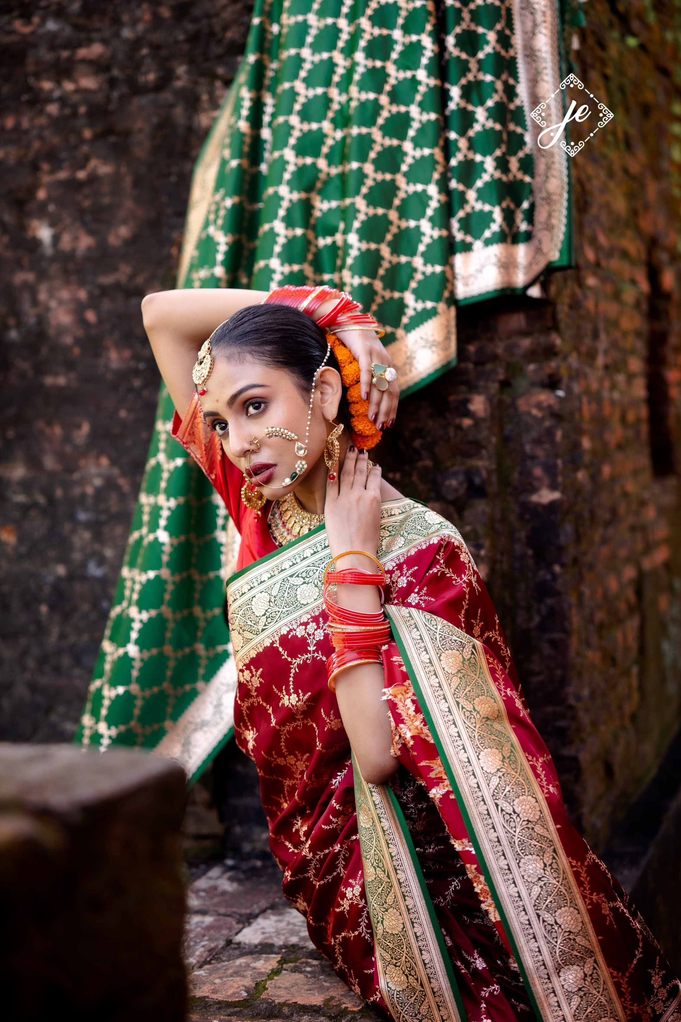 Red Satin Silk with Contrast Bottle Green Border Banarasi Saree
