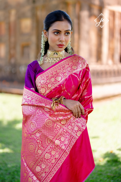 Rani Pink Satin Silk Jaal Striped Banarasi Saree