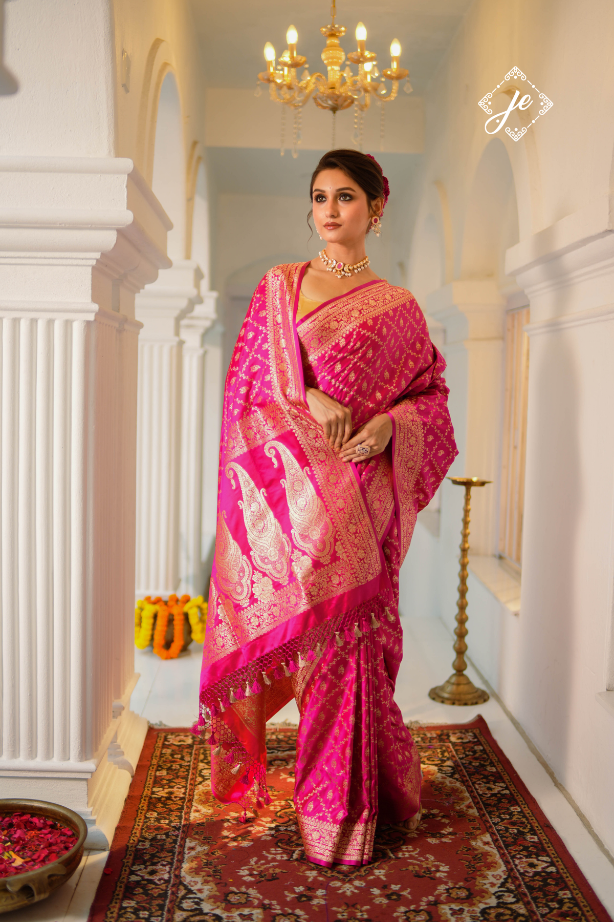 Pink Satin Silk Jaal Banarasi Saree
