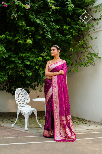 Magenta Satin Silk Buti Banarasi Saree