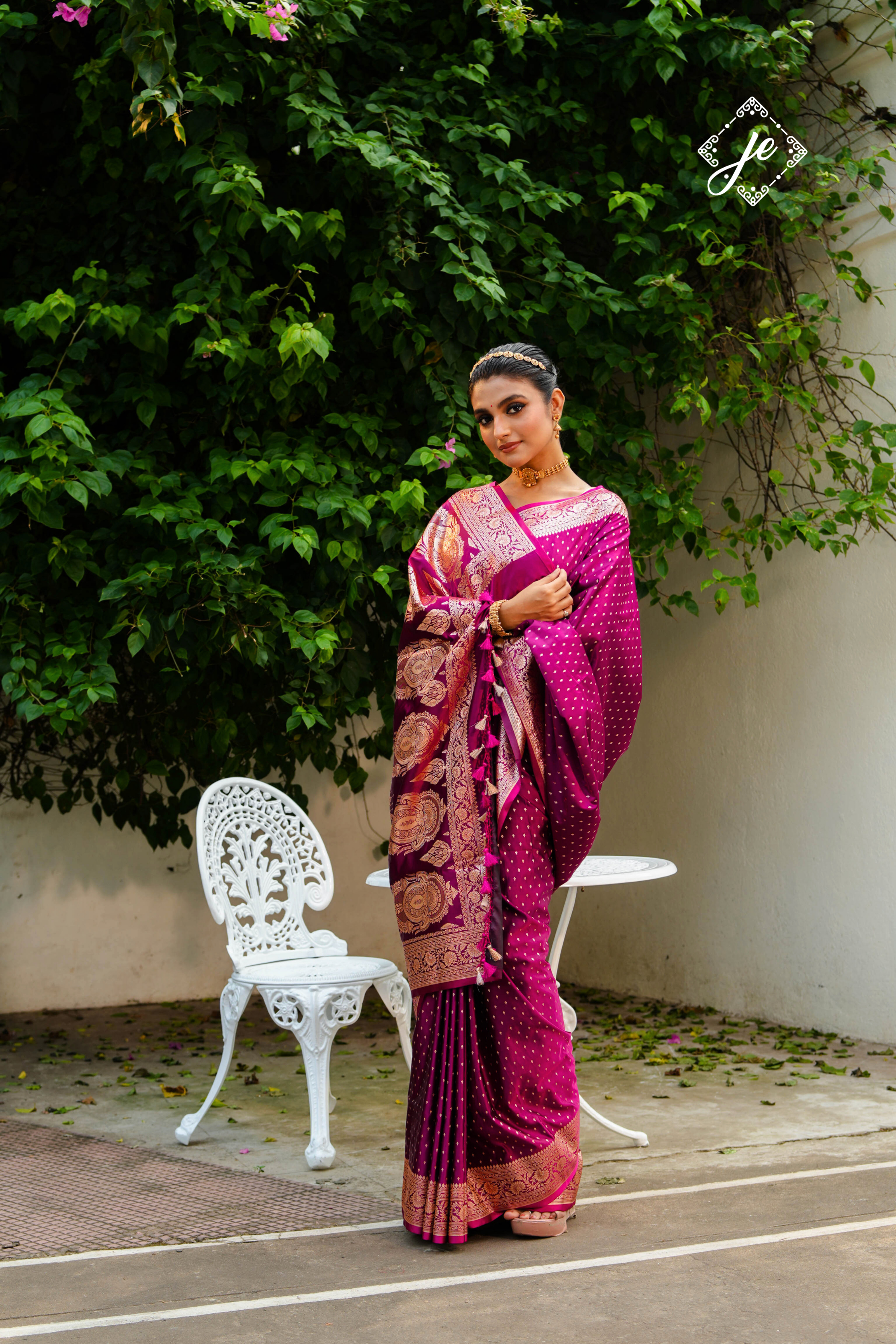 Magenta Satin Silk Buti Banarasi Saree