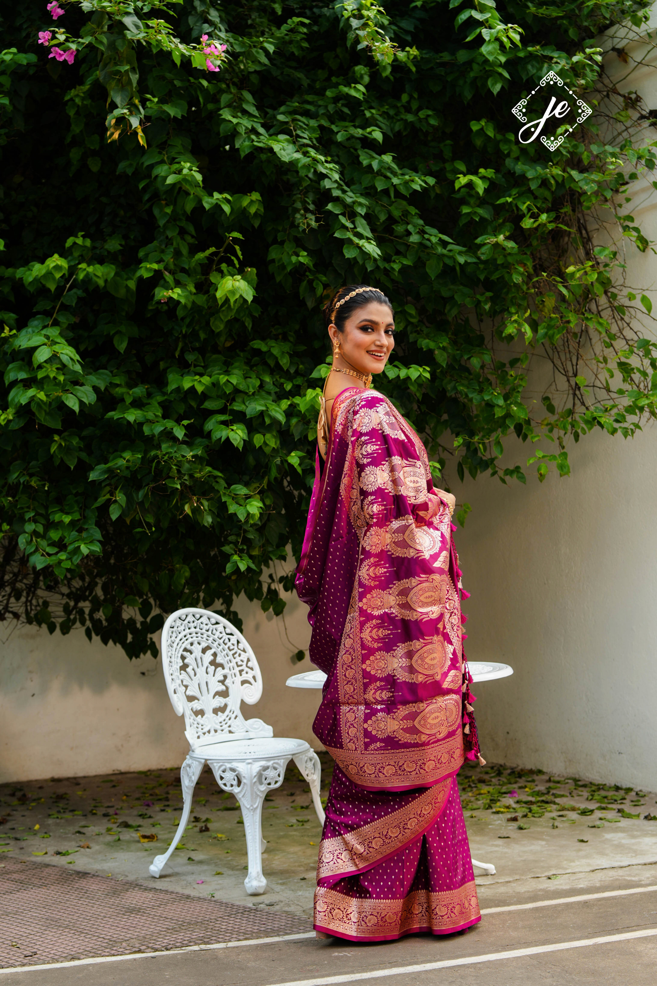 Magenta Satin Silk Buti Banarasi Saree