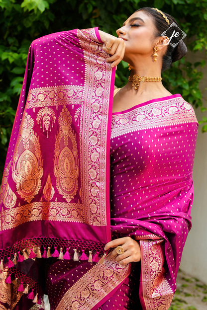Magenta Satin Silk Buti Banarasi Saree