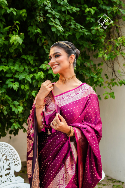 Magenta Satin Silk Buti Banarasi Saree