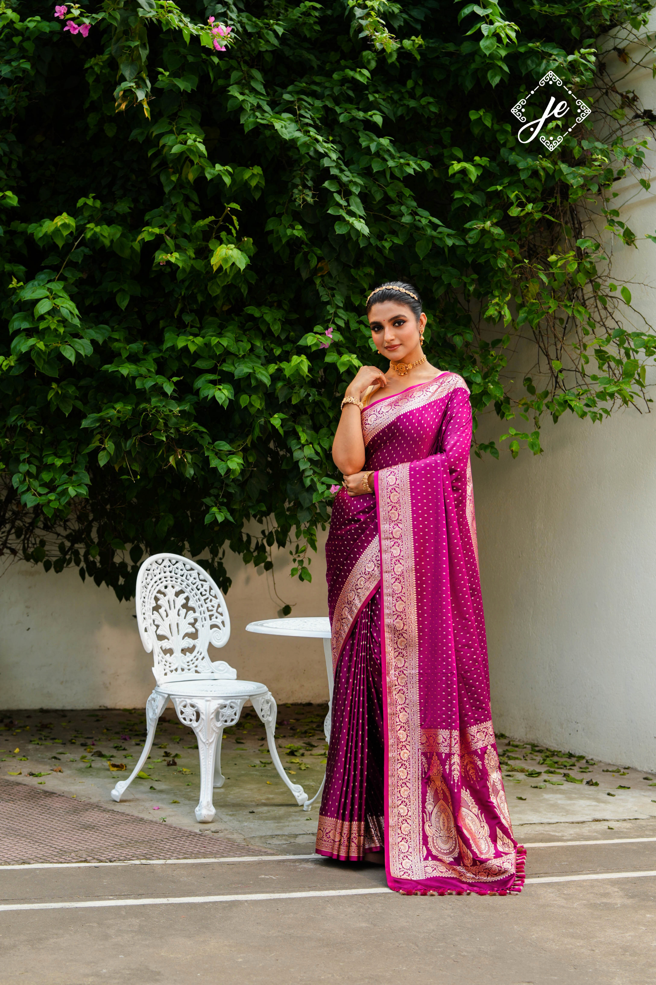 Magenta Satin Silk Buti Banarasi Saree