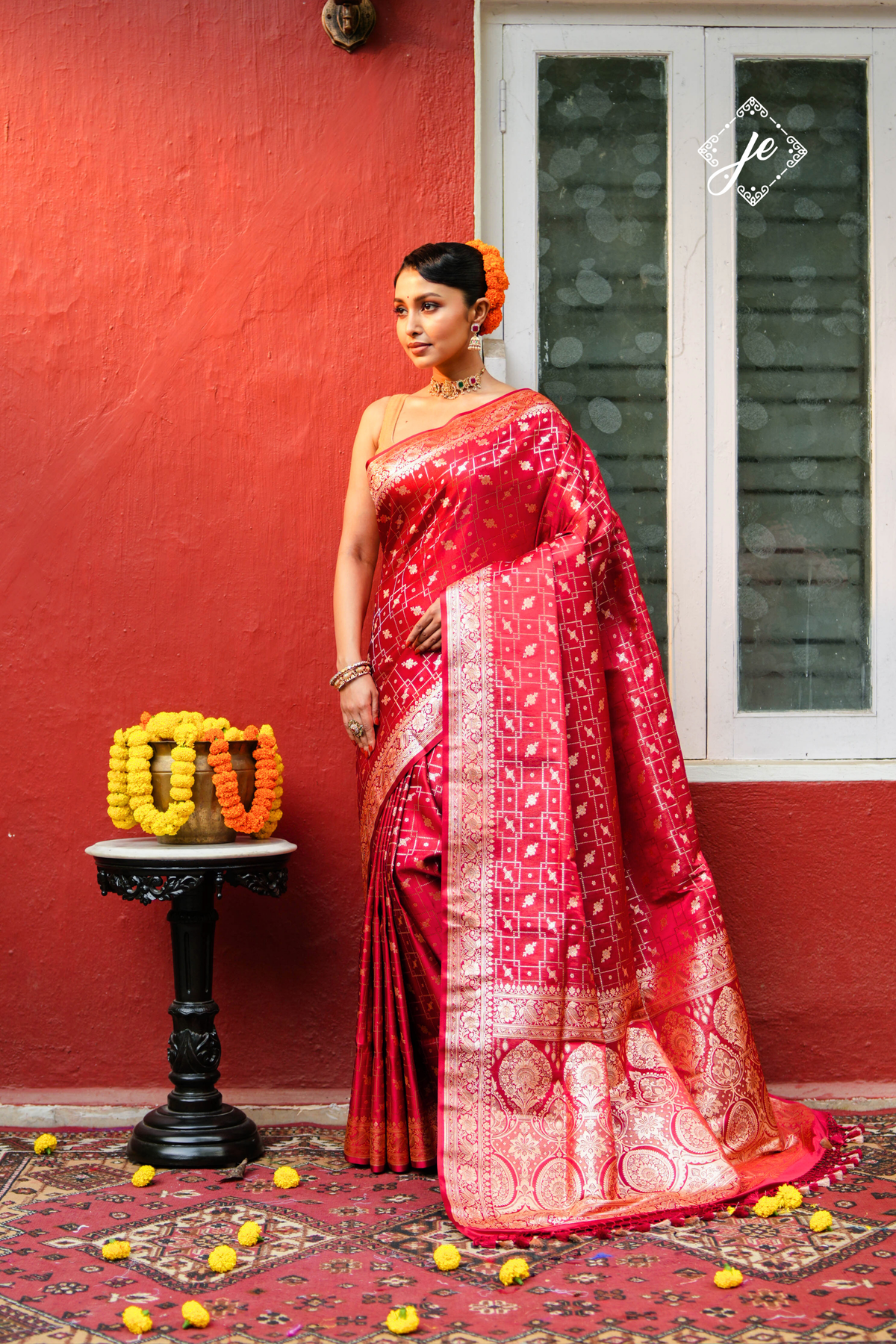 Red Satin Tissue Silk Jaal Banarasi Saree