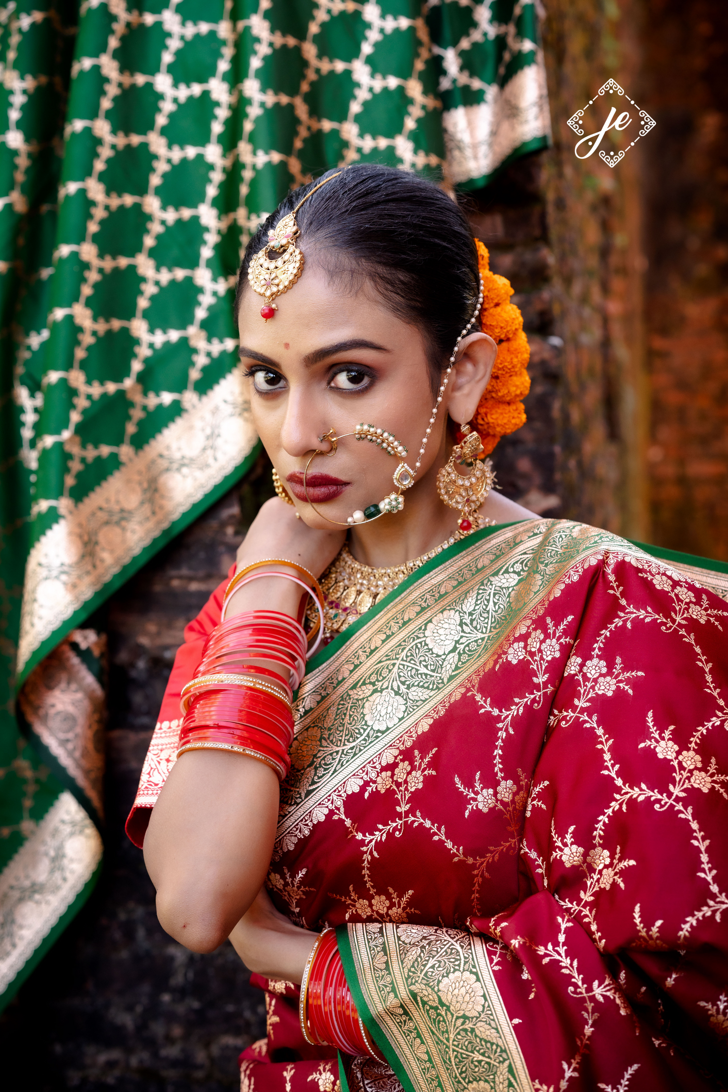 Red Satin Silk with Contrast Bottle Green Border Banarasi Saree