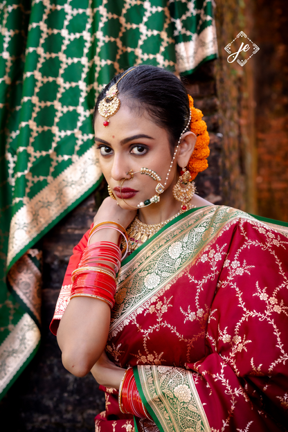 Red Satin Silk with Contrast Bottle Green Border Banarasi Saree