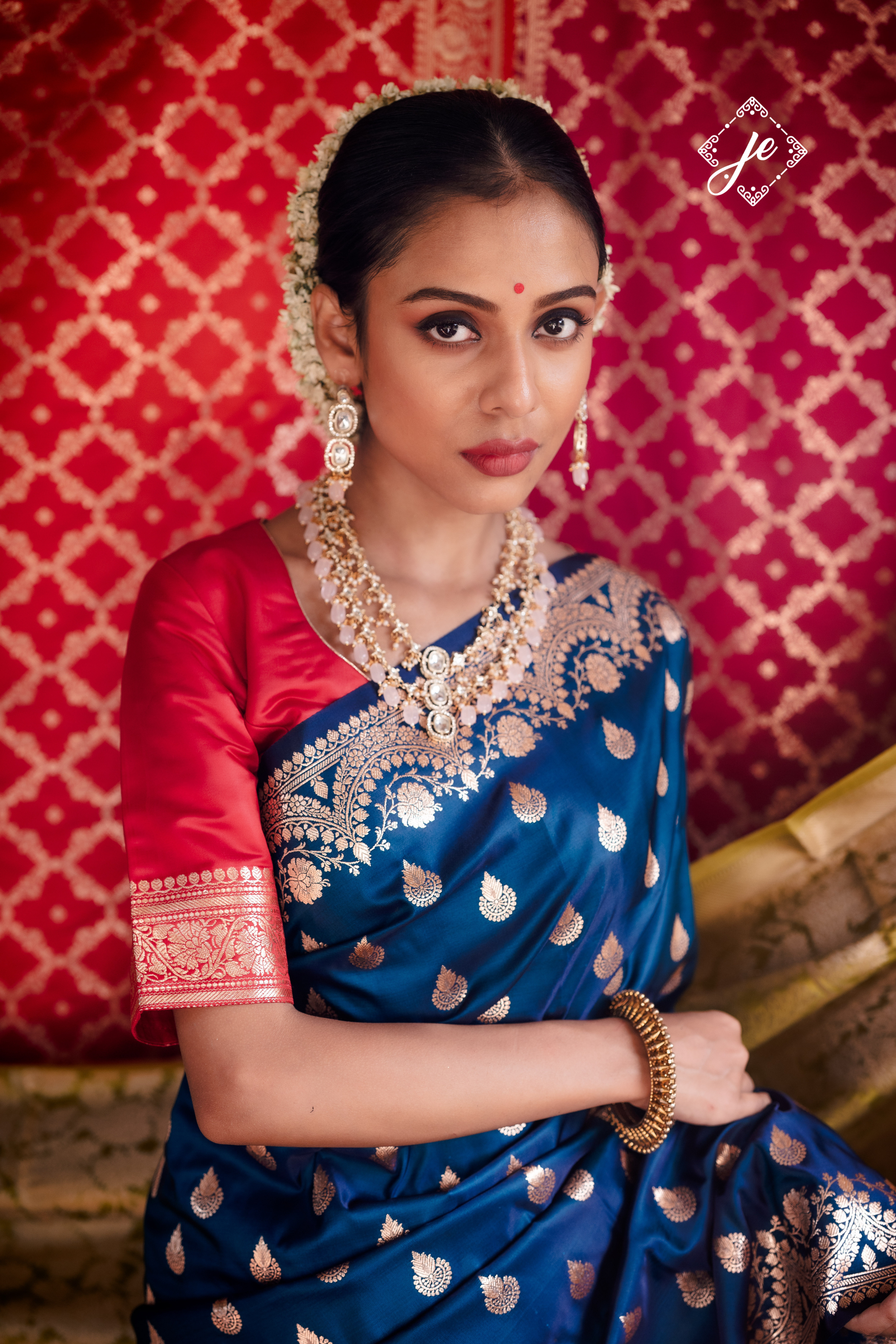 German Blue Scallop Border Satin Silk Buti Banarasi Saree