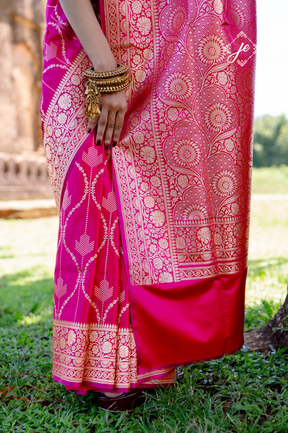 Rani Pink Satin Silk Jaal Striped Banarasi Saree