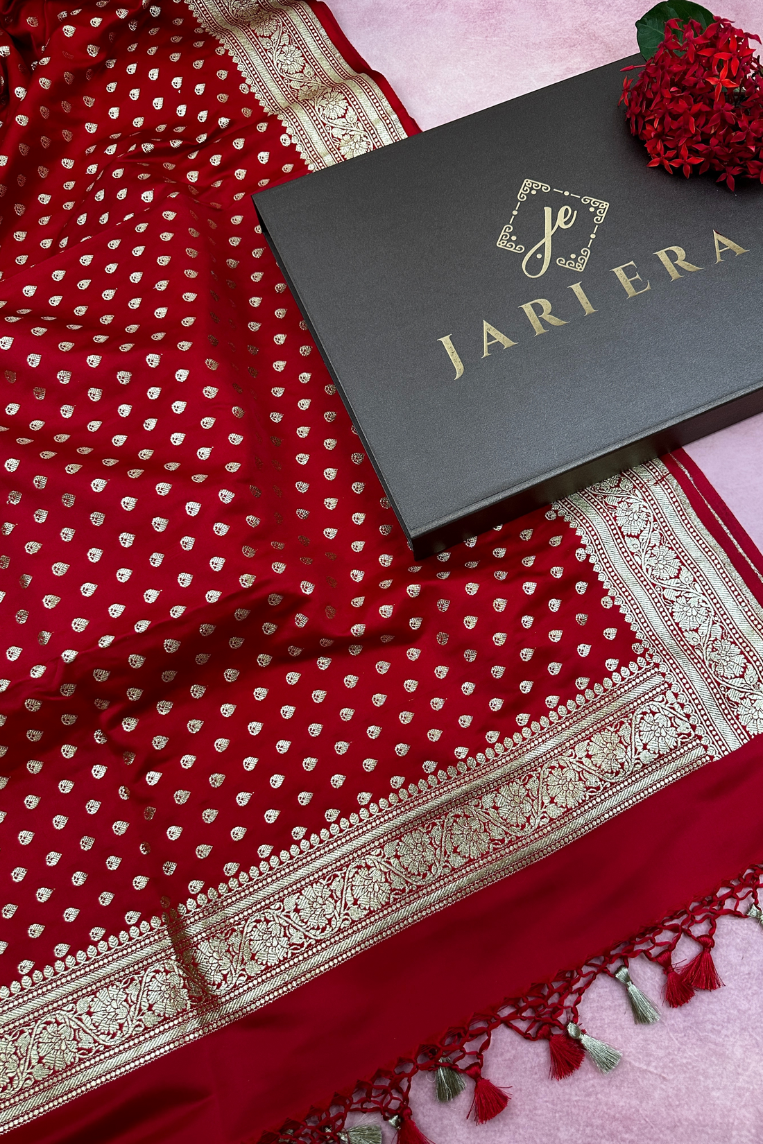 Red Satin Silk Banarasi Dupatta