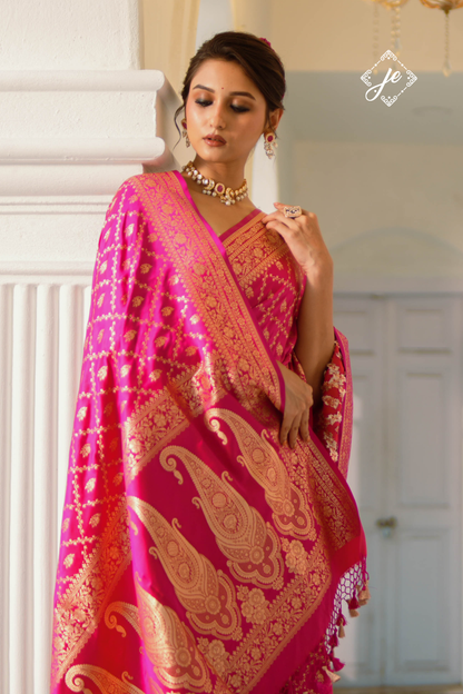 Pink Satin Silk Jaal Banarasi Saree