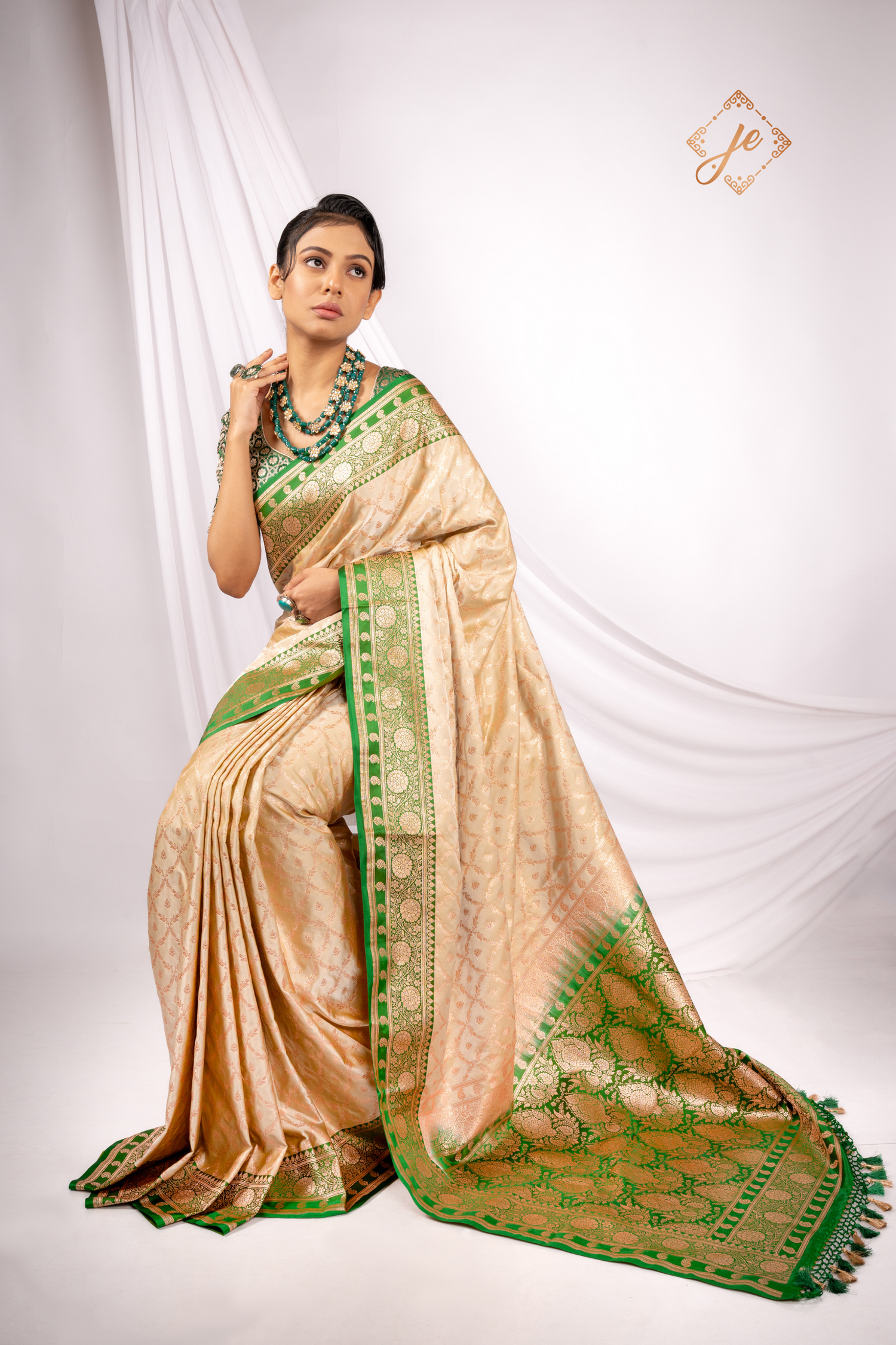 Beige Satin Silk with Contrast Green Border Jaal Banarasi Saree