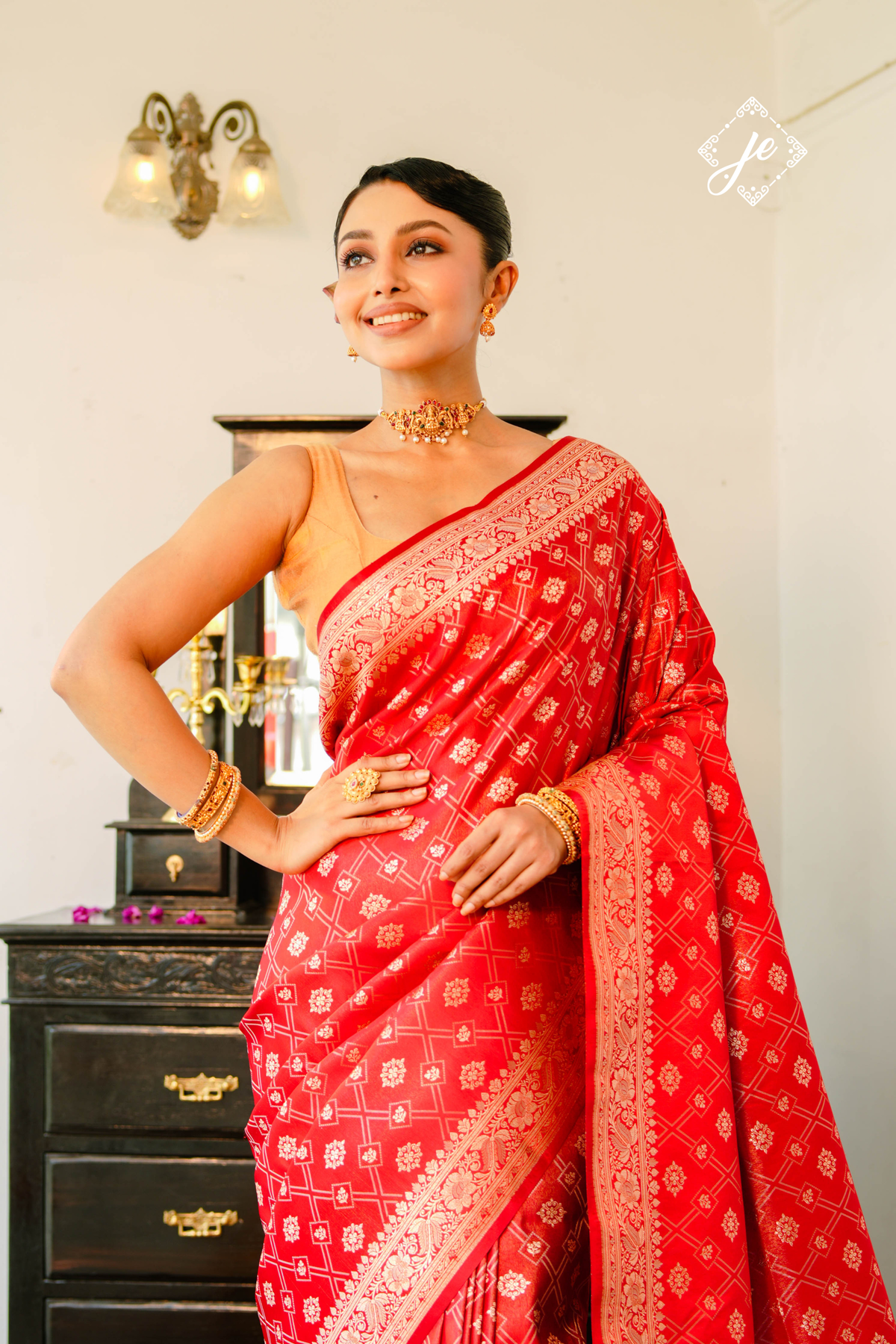 Red Satin Tissue Silk Jaal Banarasi Saree