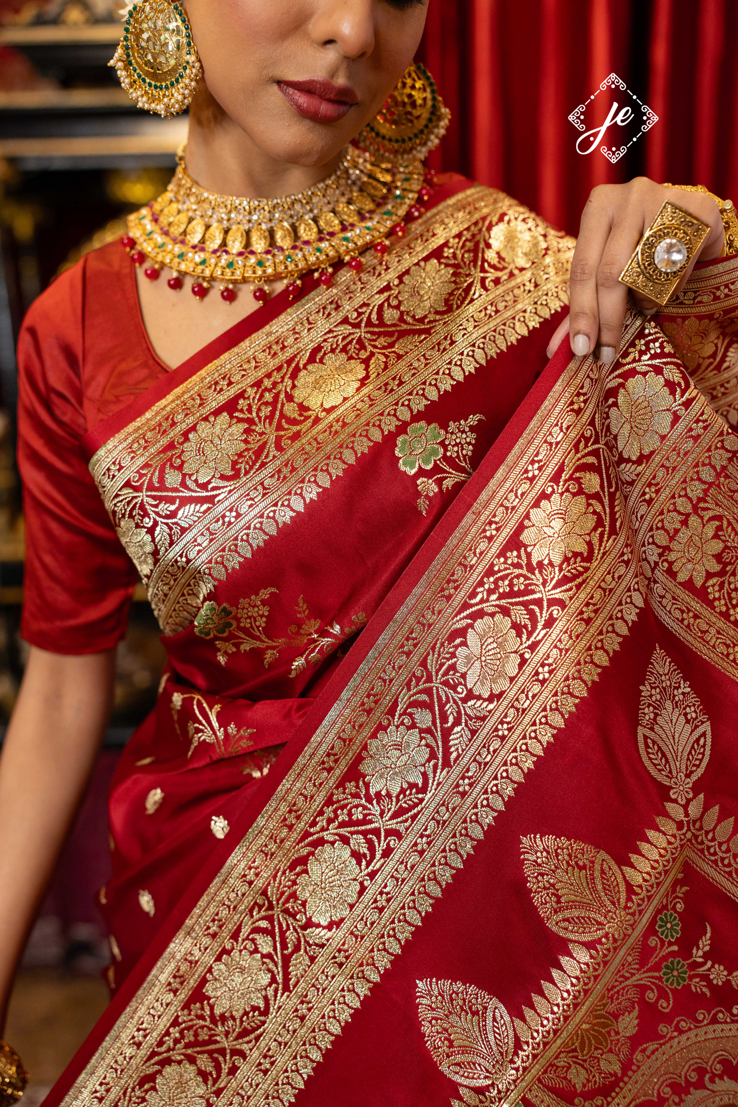 Rose Red Satin Silk Buti Leheriya Mix Meenakari Banarasi Saree