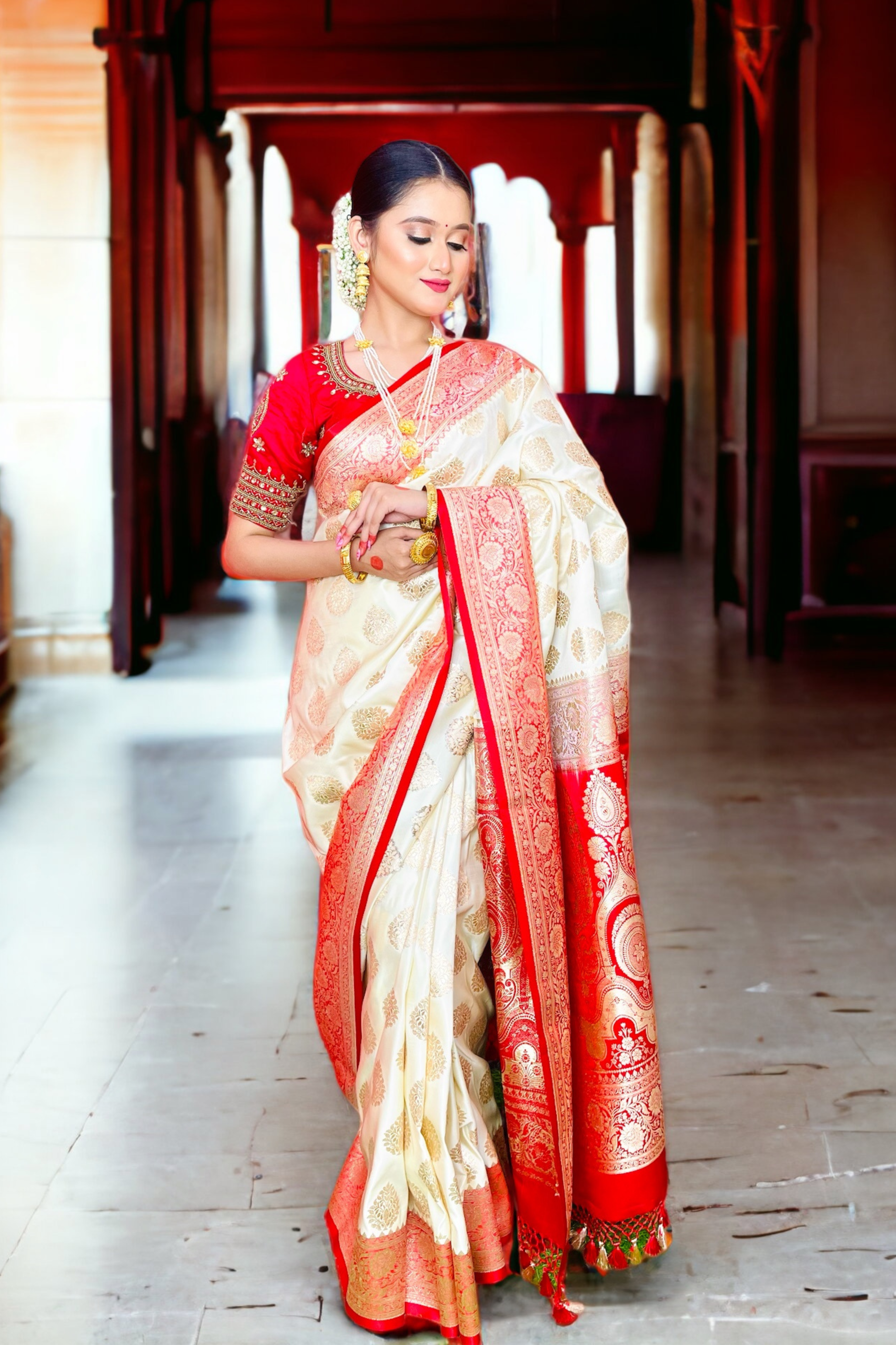 Off-White Red Satin Banarasi Saree