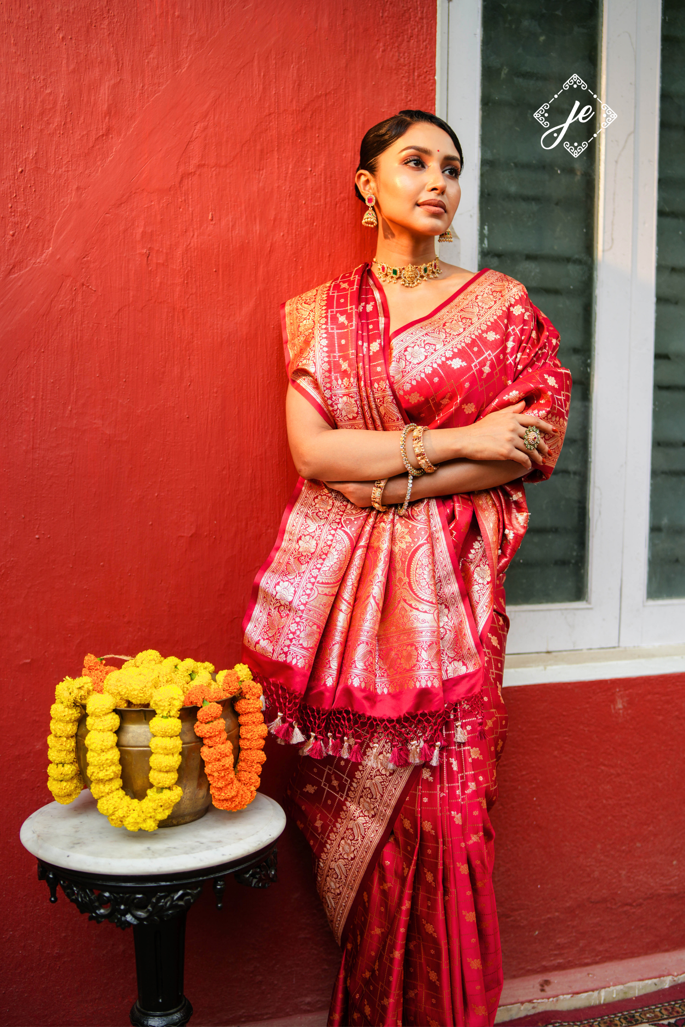 Red Satin Tissue Silk Jaal Banarasi Saree