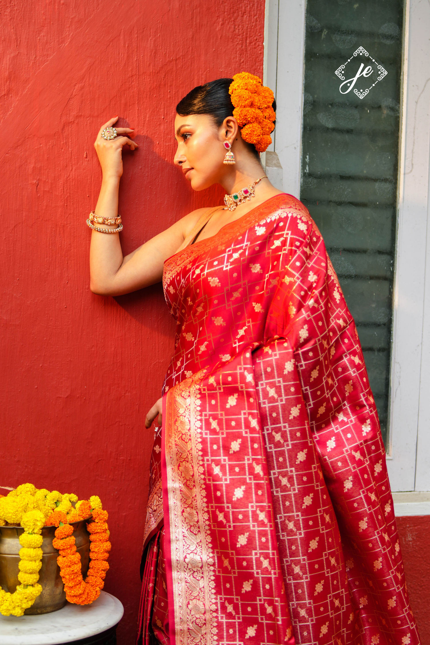 Red Satin Tissue Silk Jaal Banarasi Saree