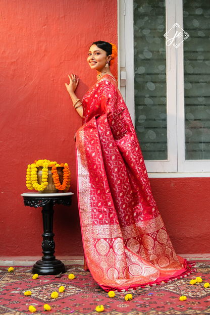 Red Satin Tissue Silk Jaal Banarasi Saree