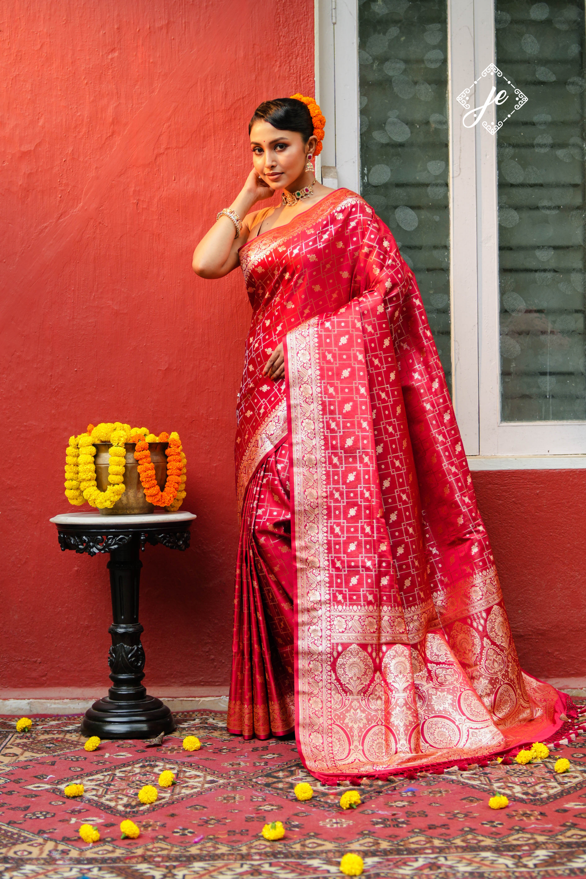 Red Satin Tissue Silk Jaal Banarasi Saree