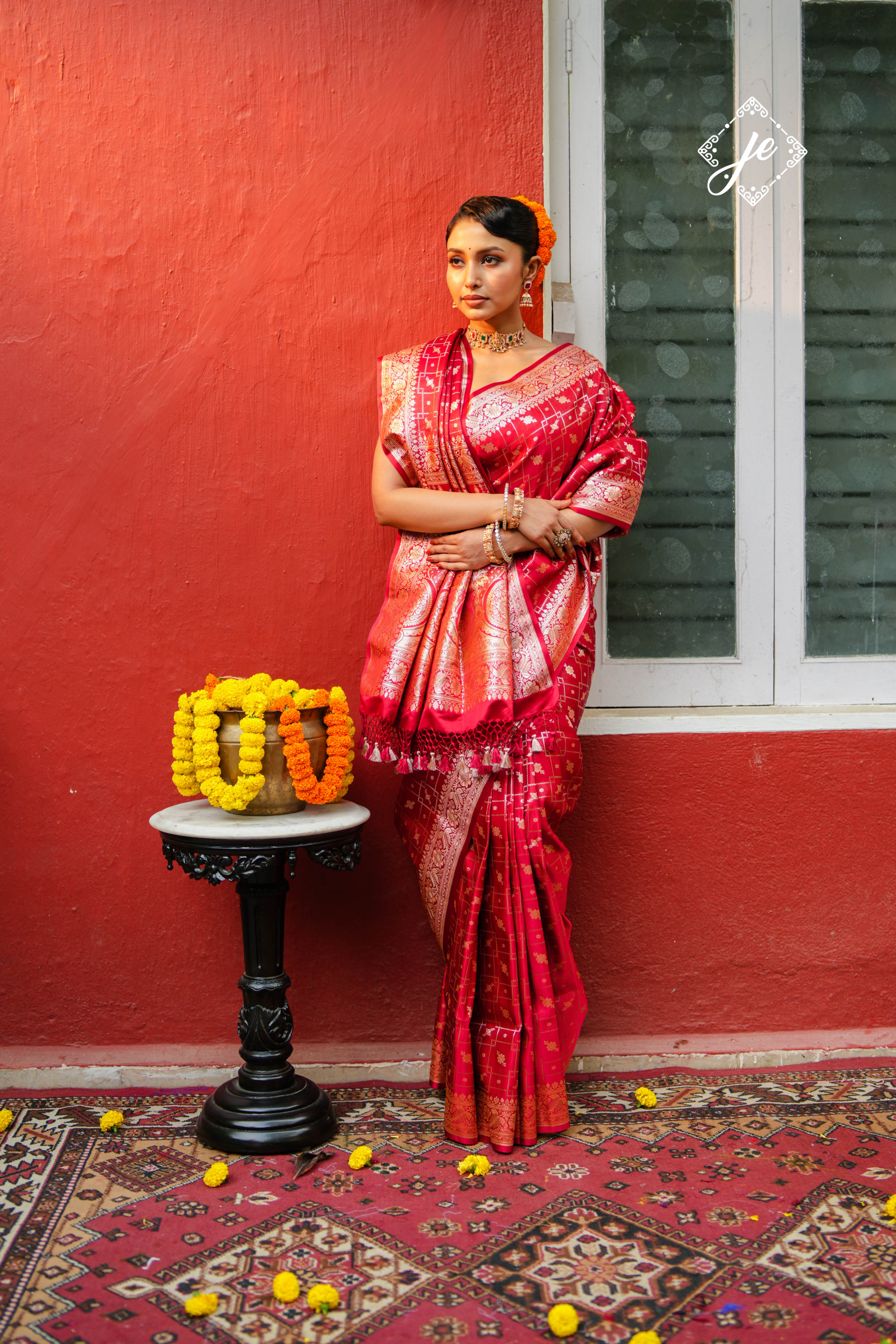 Red Satin Tissue Silk Jaal Banarasi Saree