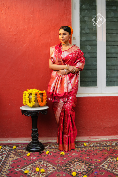 Red Satin Tissue Silk Jaal Banarasi Saree