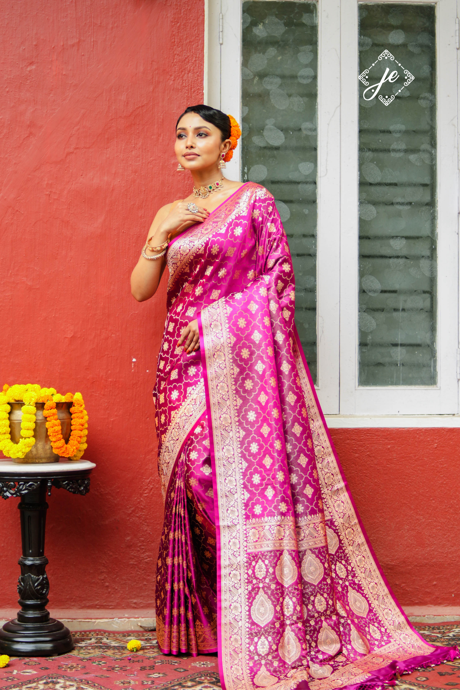 Magenta Satin Tissue Silk Jaal Banarasi Saree