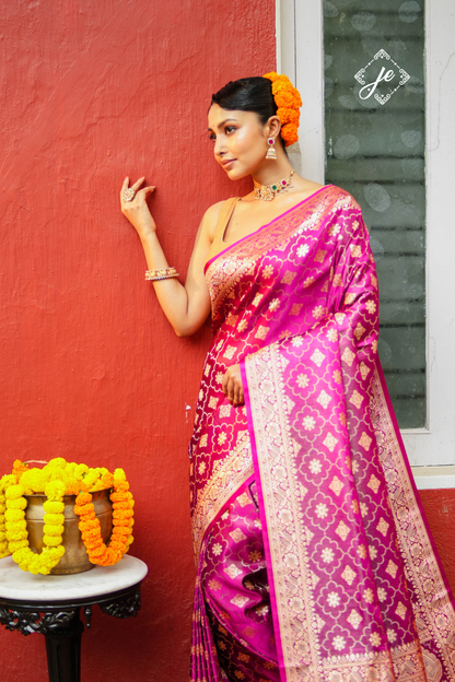 Magenta Satin Tissue Silk Jaal Banarasi Saree